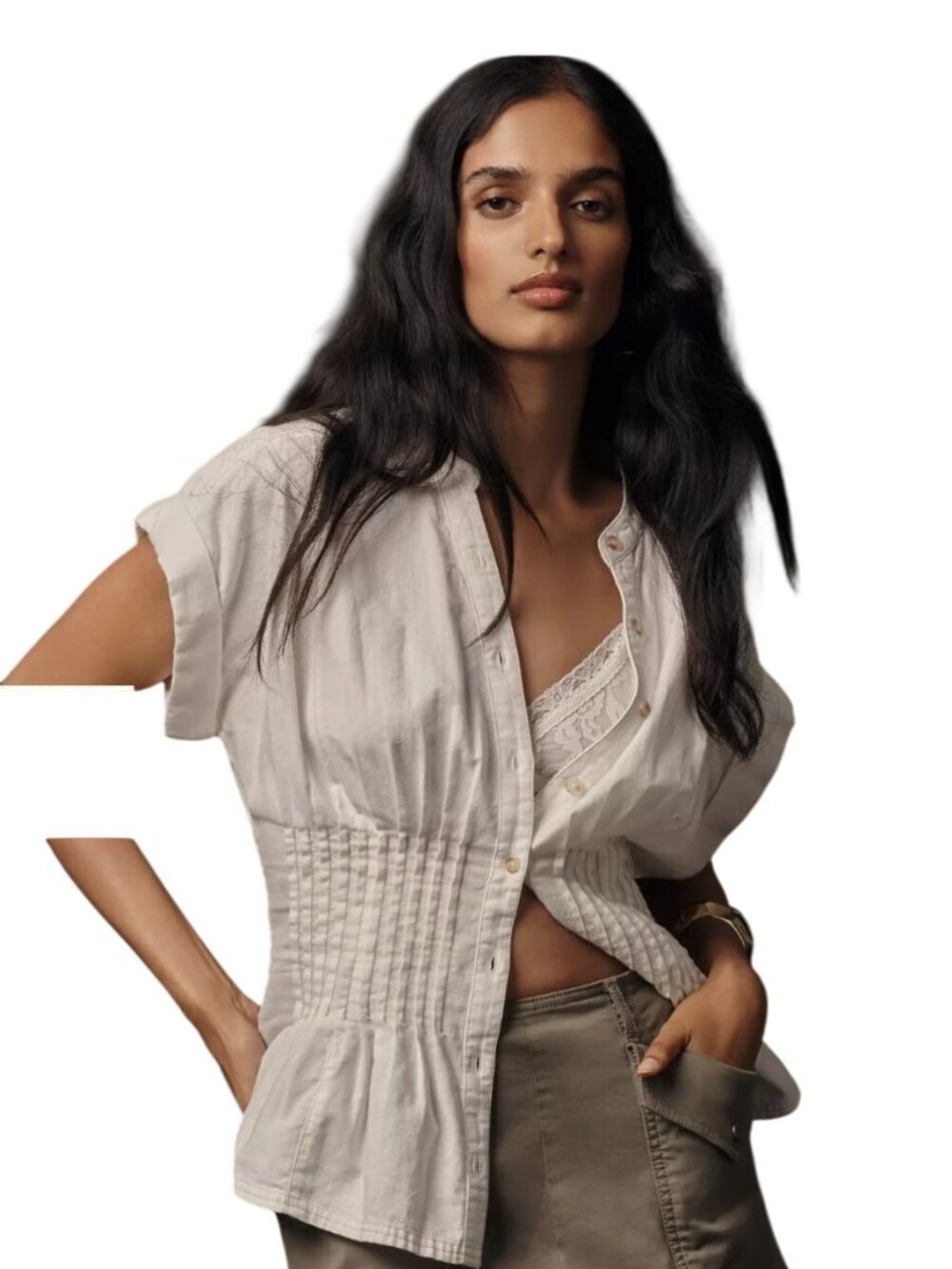Pilcro White Linen Bld Button-Down Blouse XL Pleated Waist Anthropologie Linden - Picture 4 of 14